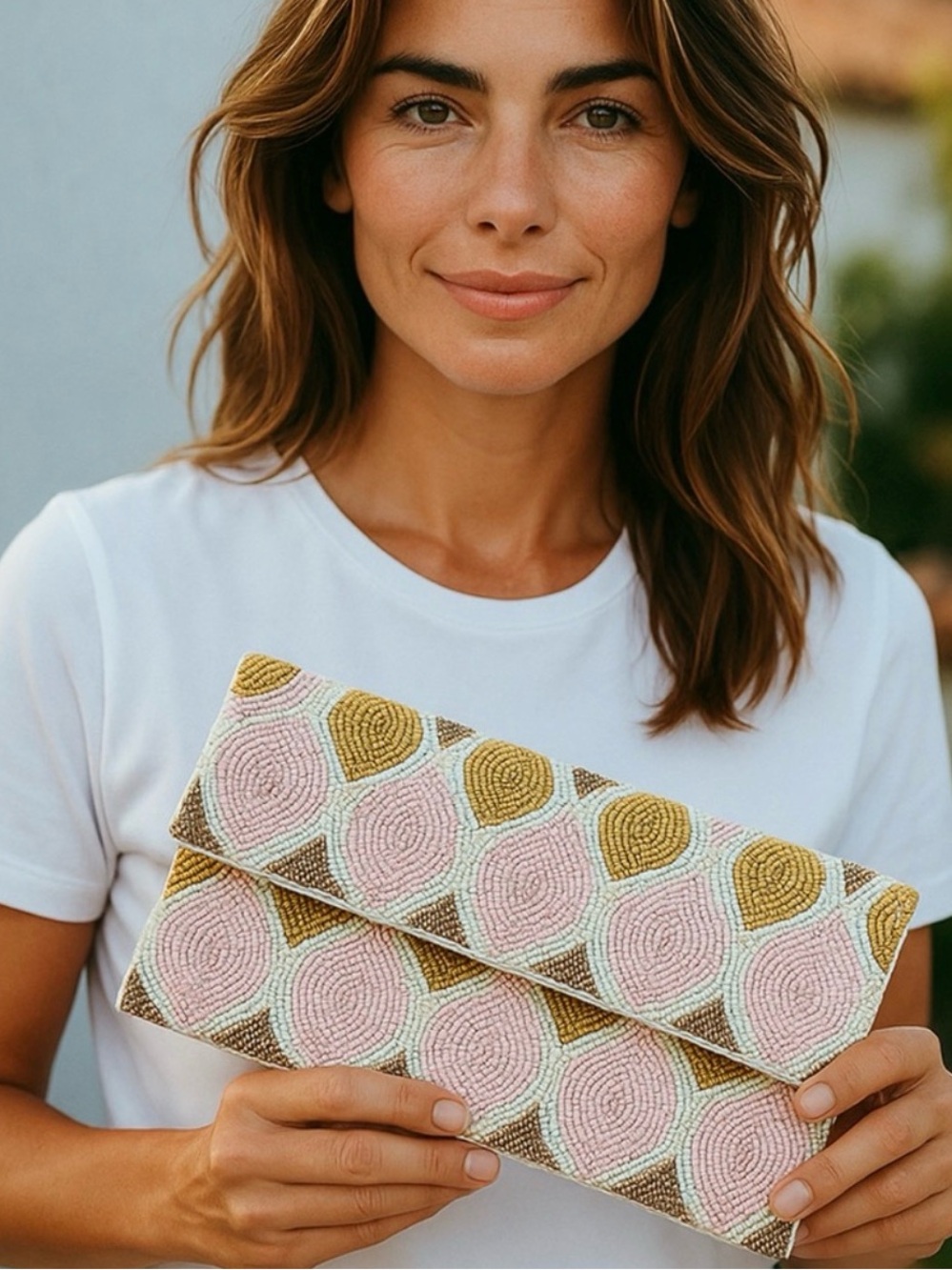 Anthropologie From St Xavier Pink & Gold Beaded Crossbody Clutch